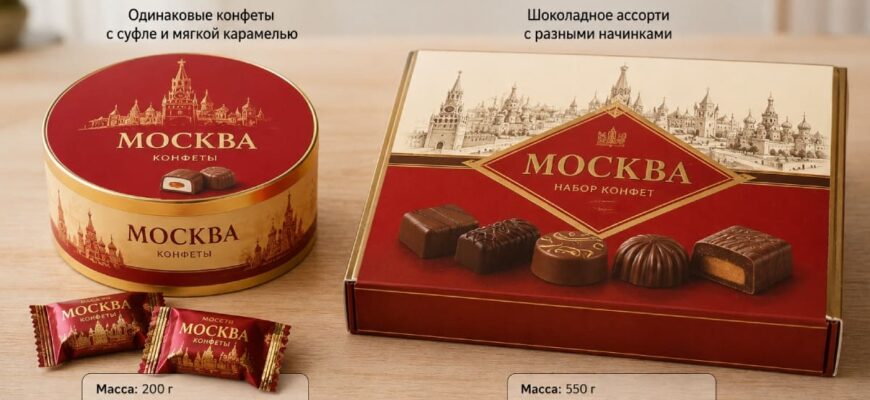 Сравнение коробки 200 г и набора ассорти 550 г